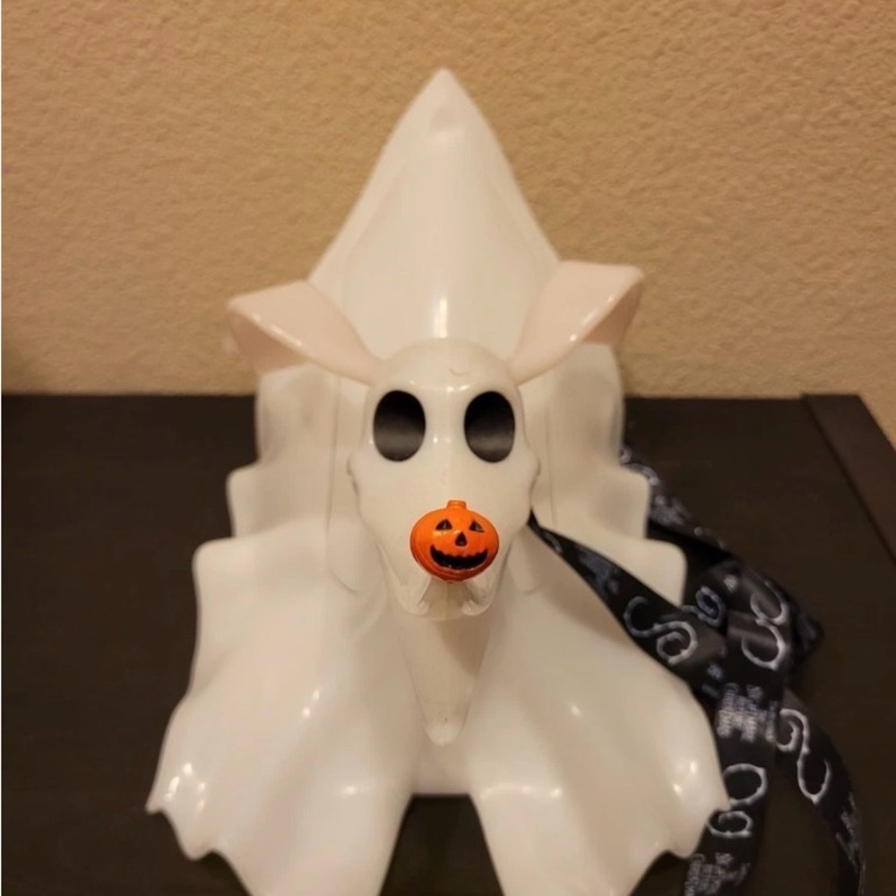 White Ghost Dog Figurine with Black Ribbon
